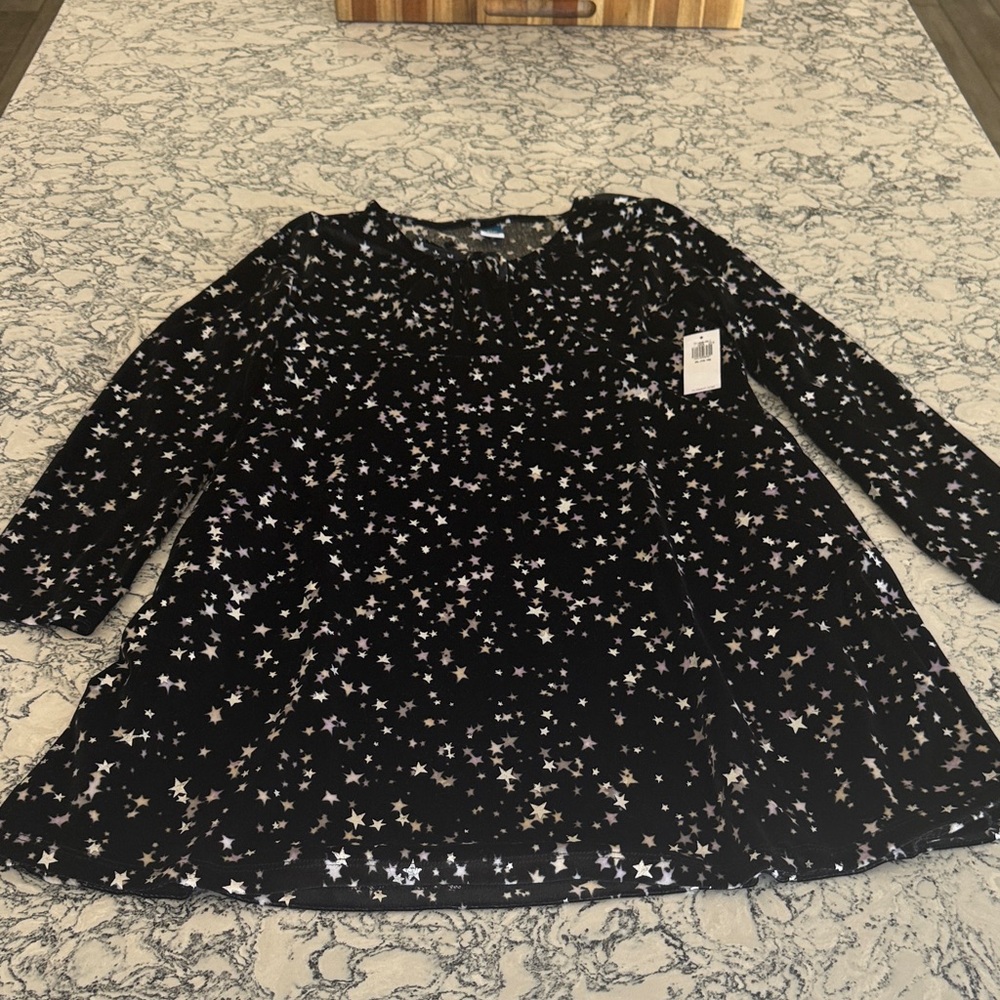 Girls Black Velvet Star Print Long Sleeve Dress